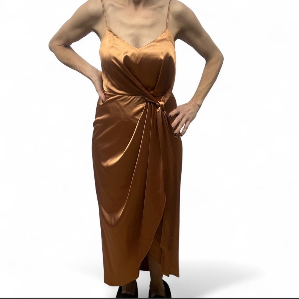 After Six Copper Satin Midi Dress with Draped Side Knot